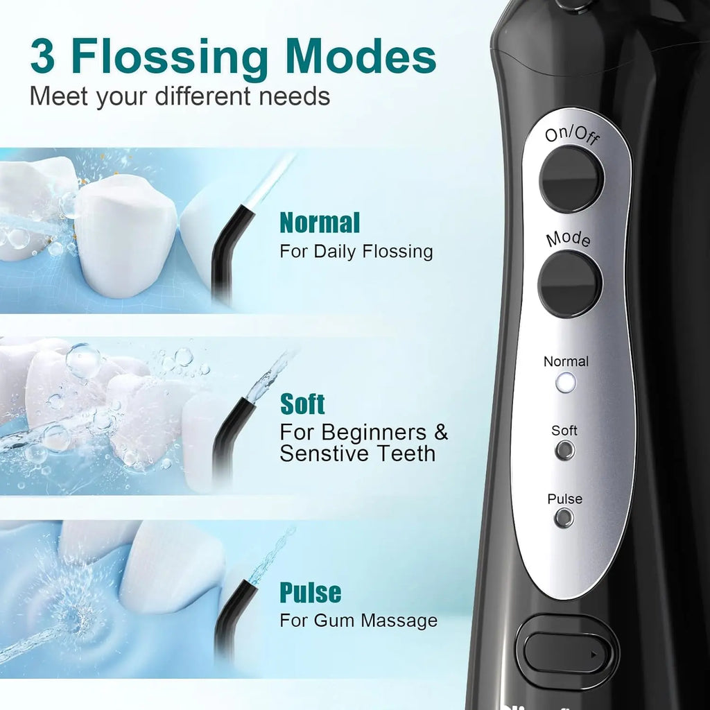 Close-up of three illuminated modes on black cordless dental flosser control panel