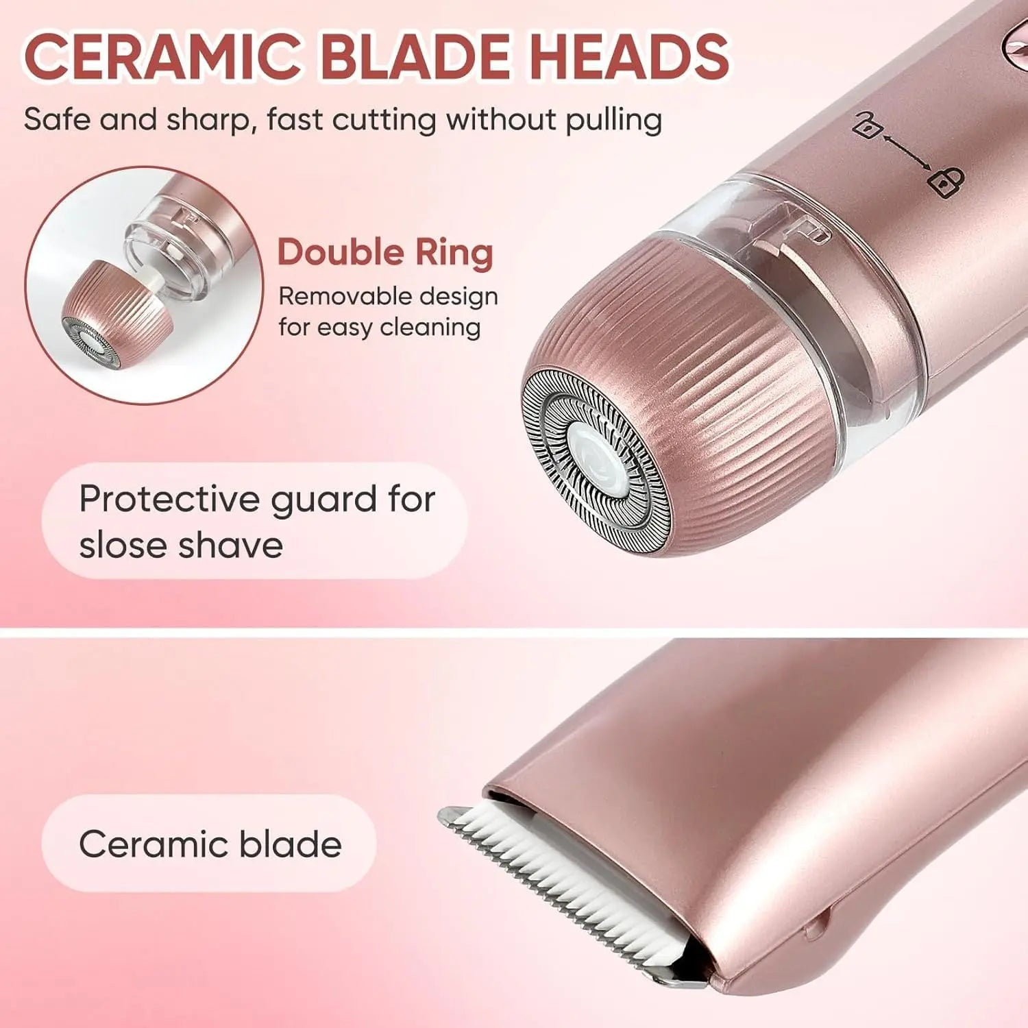 Close-up of rose gold ceramic blade heads on dual-head women's electric razor for safe shaving