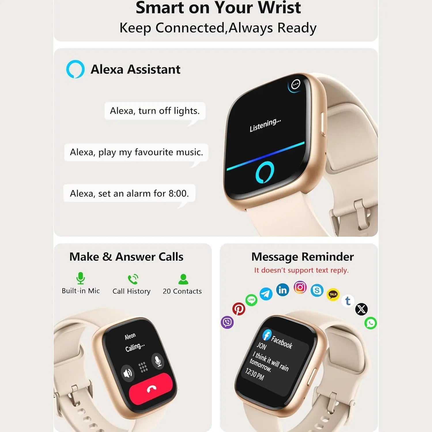 LODIMEKE Smart Watch, Alexa Smartwatch Women Men [2 Bands, 44mm case] Make/Answer Call, HR SpO2 Sleep Stress Monitor Fitness Tracker, IP68 Waterproof Step Counter Watch for Android & iOS Phone