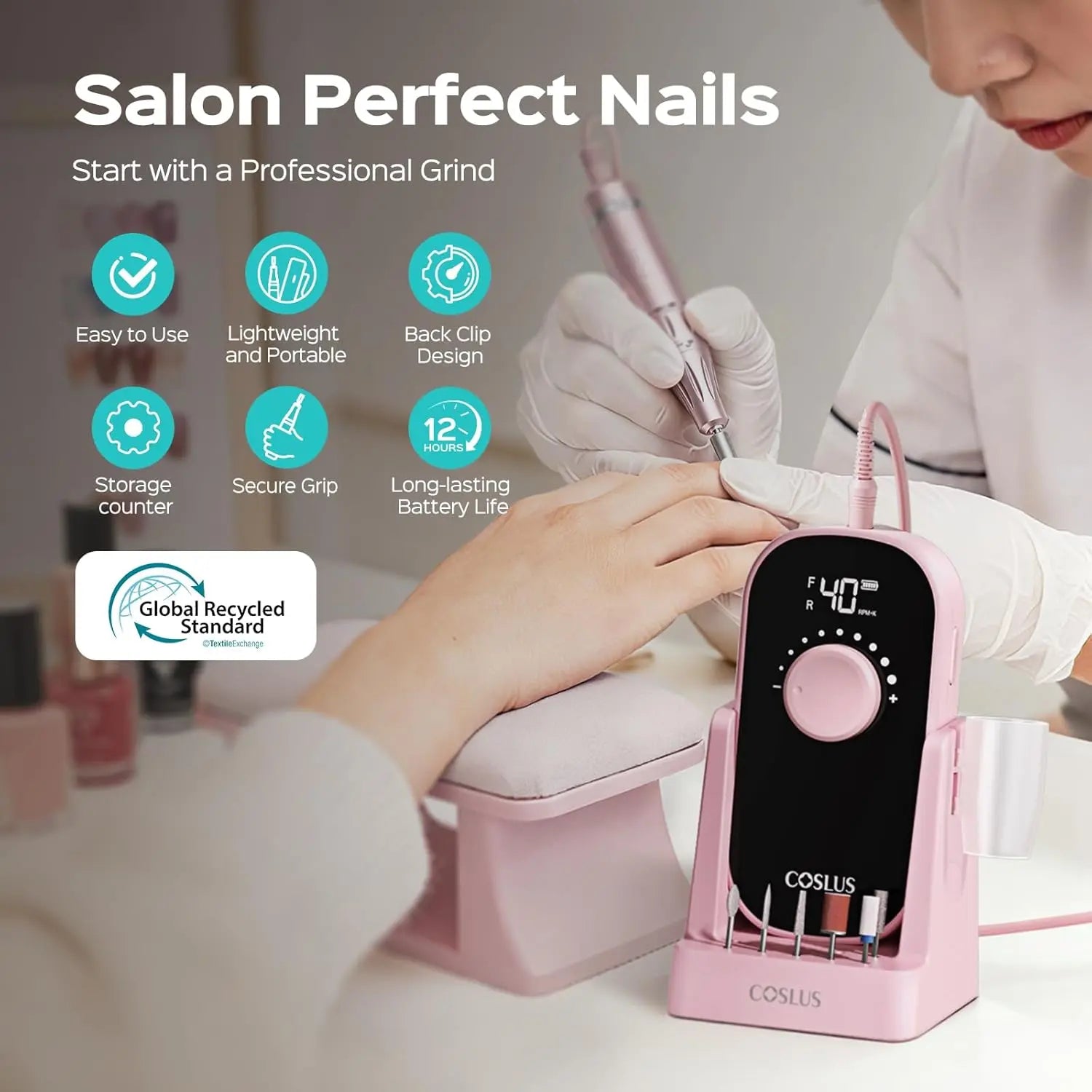 COSLUS light pink professional nail drill with digital display and storage stand for salon use