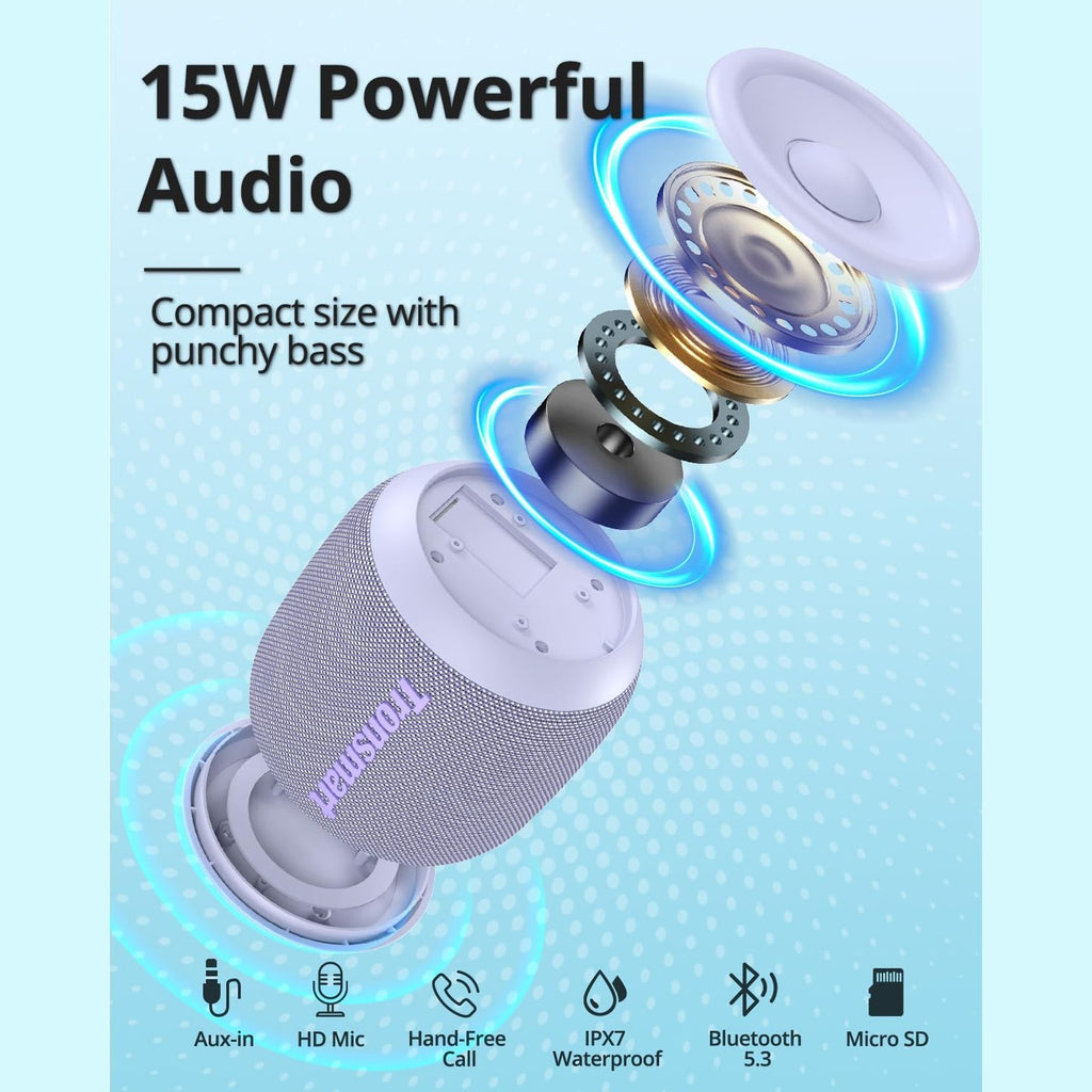Tronsmart T7 Mini Portable Compact Bluetooth Speaker with Lights, Bluetooth 5.3, 15W, 18 Hours Playtime, 360° Stereo Sound, IPX7 Waterproof, for Home, Outdoor, Travel, Purple