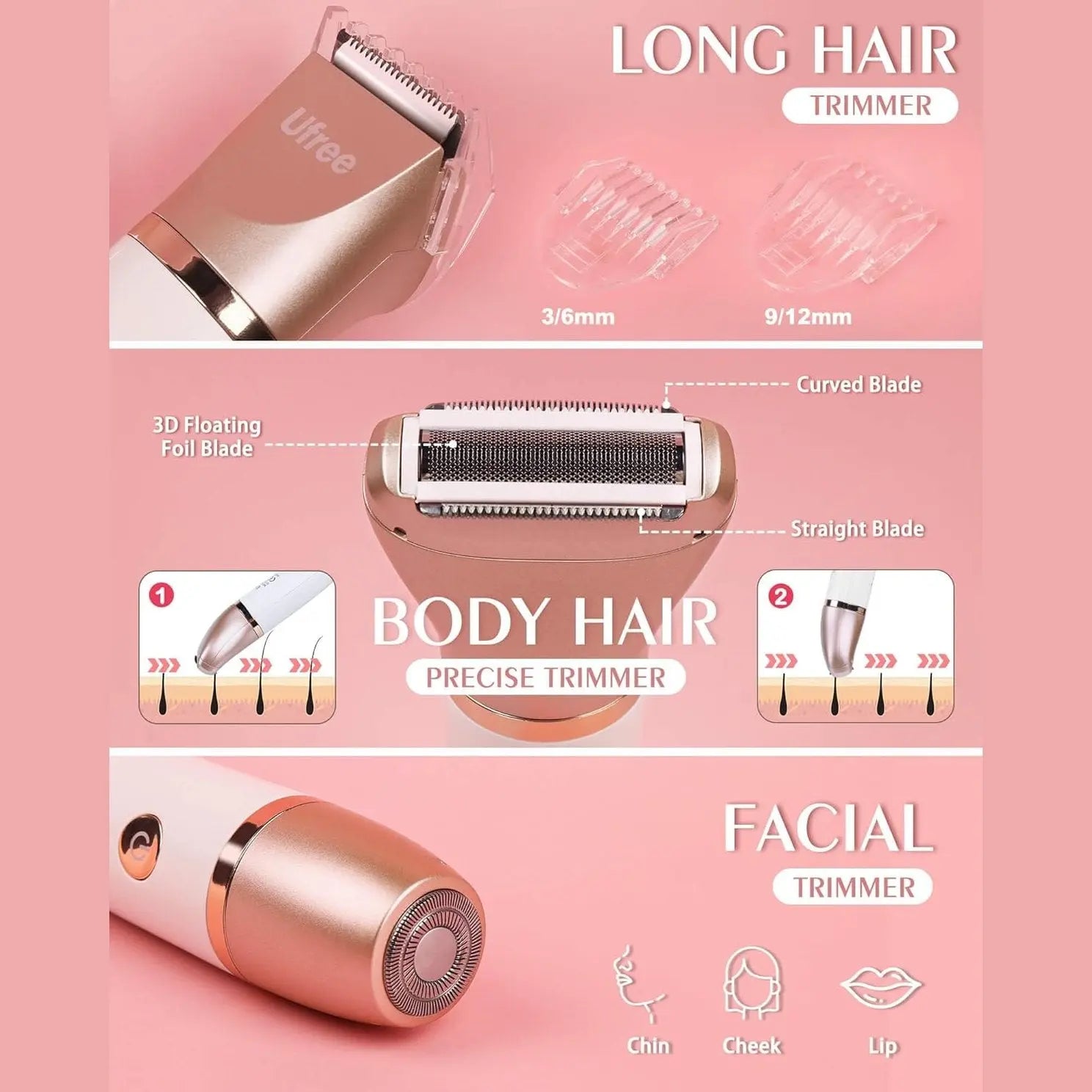 Ufree Bikini Trimmer for Women, Electric Razors Shaver for Face Body Pubic, Wet & Dry Use Grooming Kit, Gentle Hair Removal, 3 in 1 Waterproof and Cordless Hair Trimmer, USB Recharge, Gold