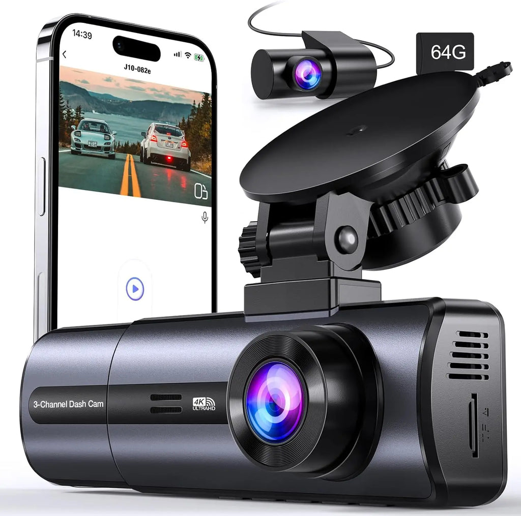 Black 3-channel 1080P dash cam with front and rear lenses and app control