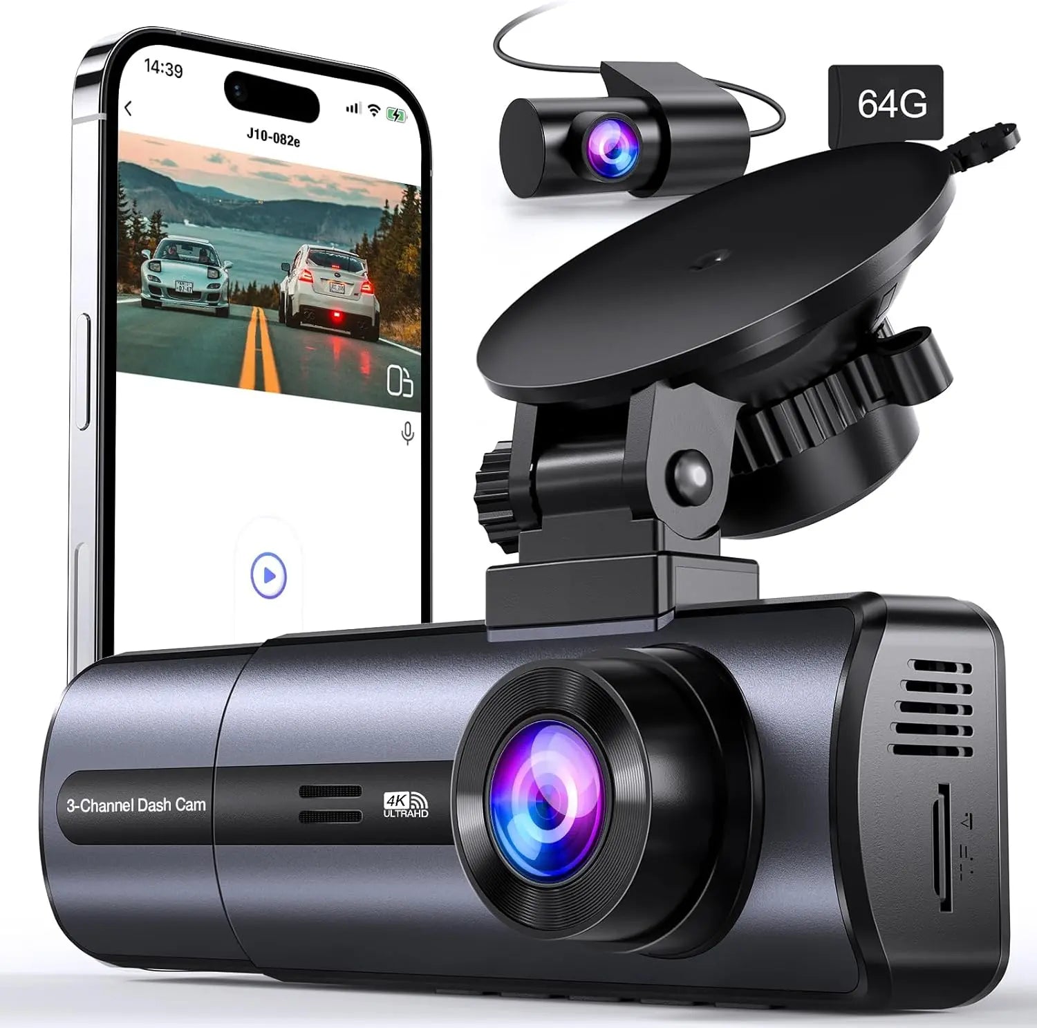 Black 3-channel 1080P dash cam with front and rear lenses and app control