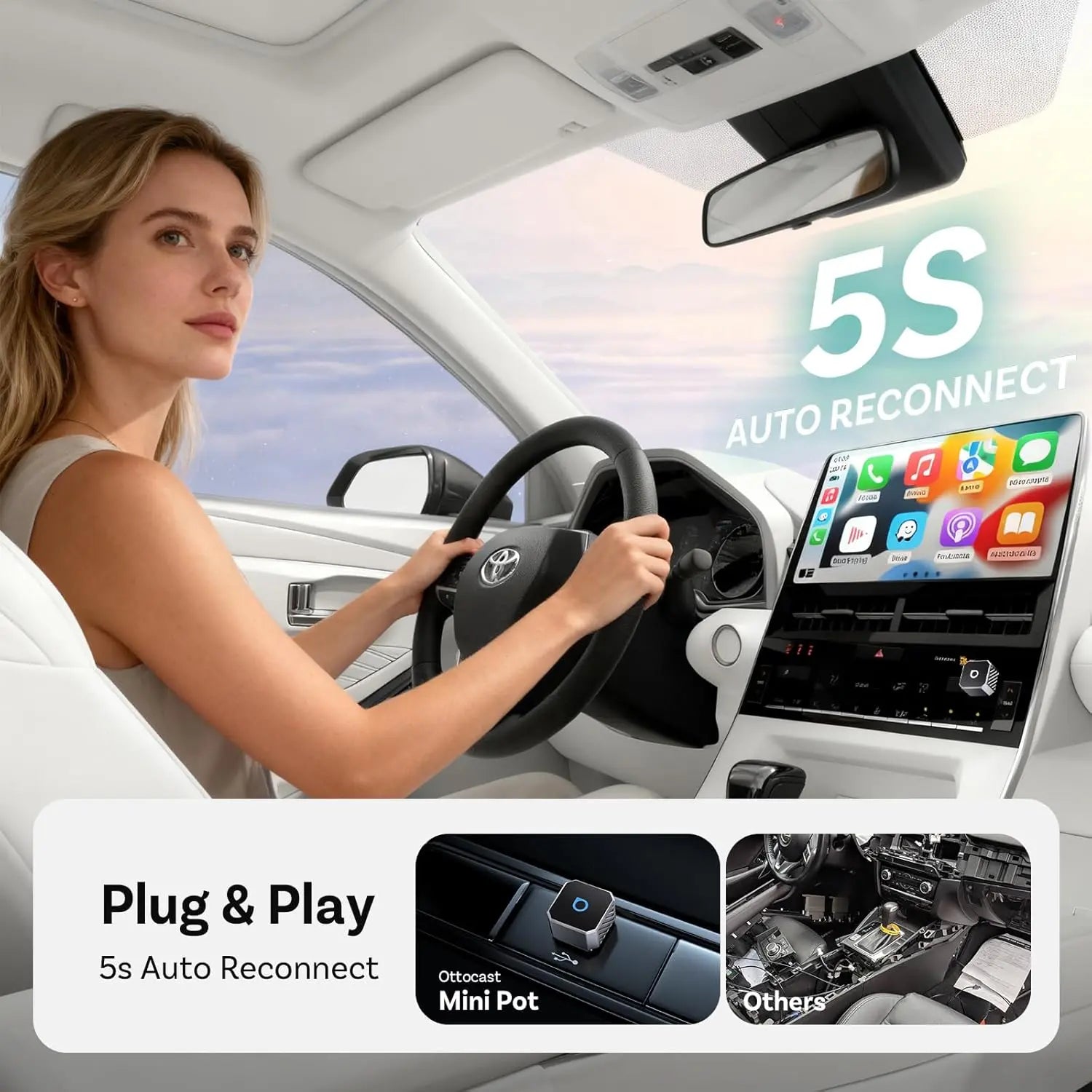 OTTOCAST Mini Pot 2025 2-in-1 Wireless CarPlay & Android Auto 2-in-1 Adapter, Plug & Play, 5GHz WiFi, Auto Connect for iPhone & Android, Fits 98%+ OEM Wired CarPlay Cars