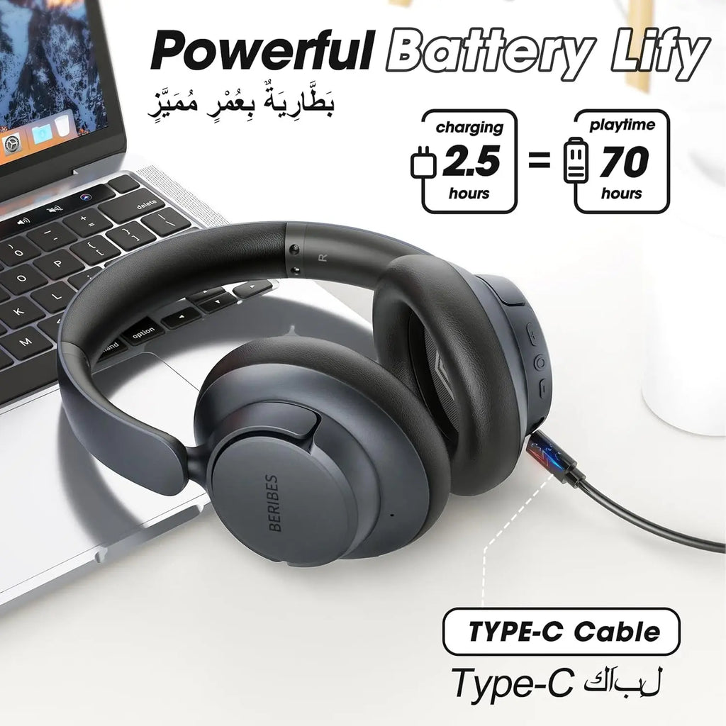 BERIBES Active Noise Cancelling Headphones, Headphones Wireless over ear with Microphone, 70H Playtime, Foldable Bluetooth Headphones with HiFi Audio, Deep Bass for Office, Travel, Gym