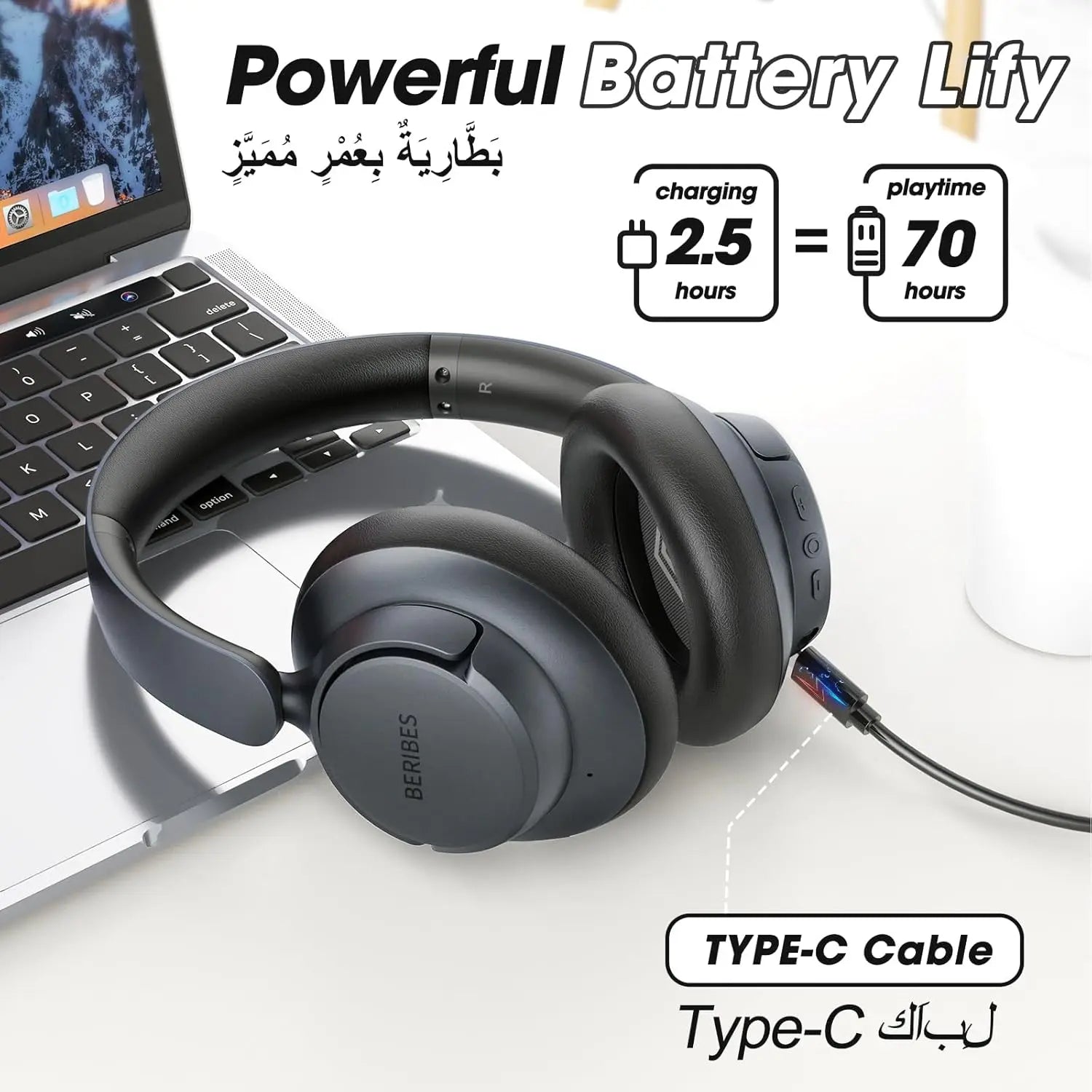 BERIBES Active Noise Cancelling Headphones, Headphones Wireless over ear with Microphone, 70H Playtime, Foldable Bluetooth Headphones with HiFi Audio, Deep Bass for Office, Travel, Gym