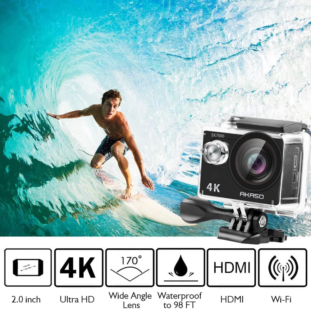 AKASO EK7000 4K30FPS Action Camera - 20MP Ultra HD Underwater Camera 170 Degree Wide Angle 98FT Waterproof Camera with Accessory Kit - Black