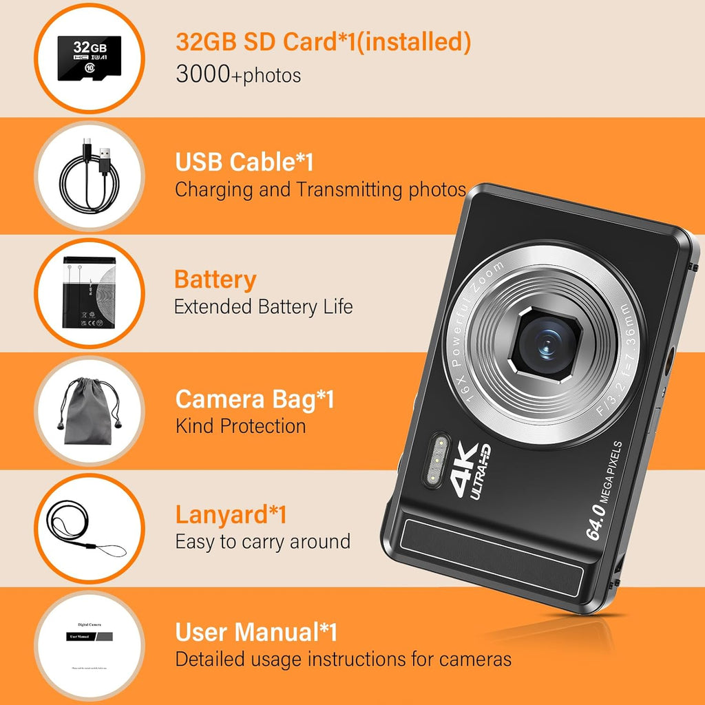 4K 64MP Digital Camera with 32GB SD Card for Photography, Auto Focus Portable Mini Compact Camera for Boys, Girls, Children, Beginners, Teenagers with 16X Digital Zoom and 2 Batteries