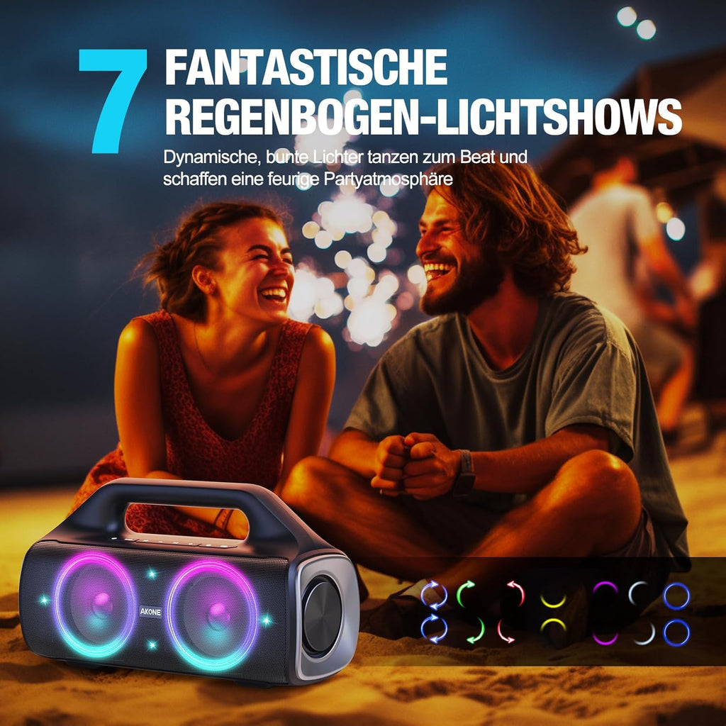 AKONE Portable Bluetooth Speaker, 80W Peak Wireless Outdoor Speaker with LED Light, Deep Bass, 20 Hour Playtime, IP67 Waterproof Bluetooth Speaker, Loud Party Speakers for Camping, Beach, Garage