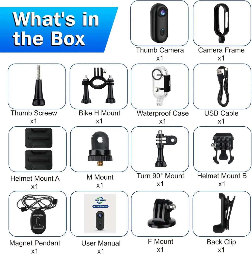 i3 4K Thumb Action Camera, Tiny Size, Mount Anywhere, Small Body Camera with Spring Clip, Portable Vlogging Camera, Hands-Free POV Recording, Helmet Camera for Cycling, Motorcycle (64G-Card, Black)