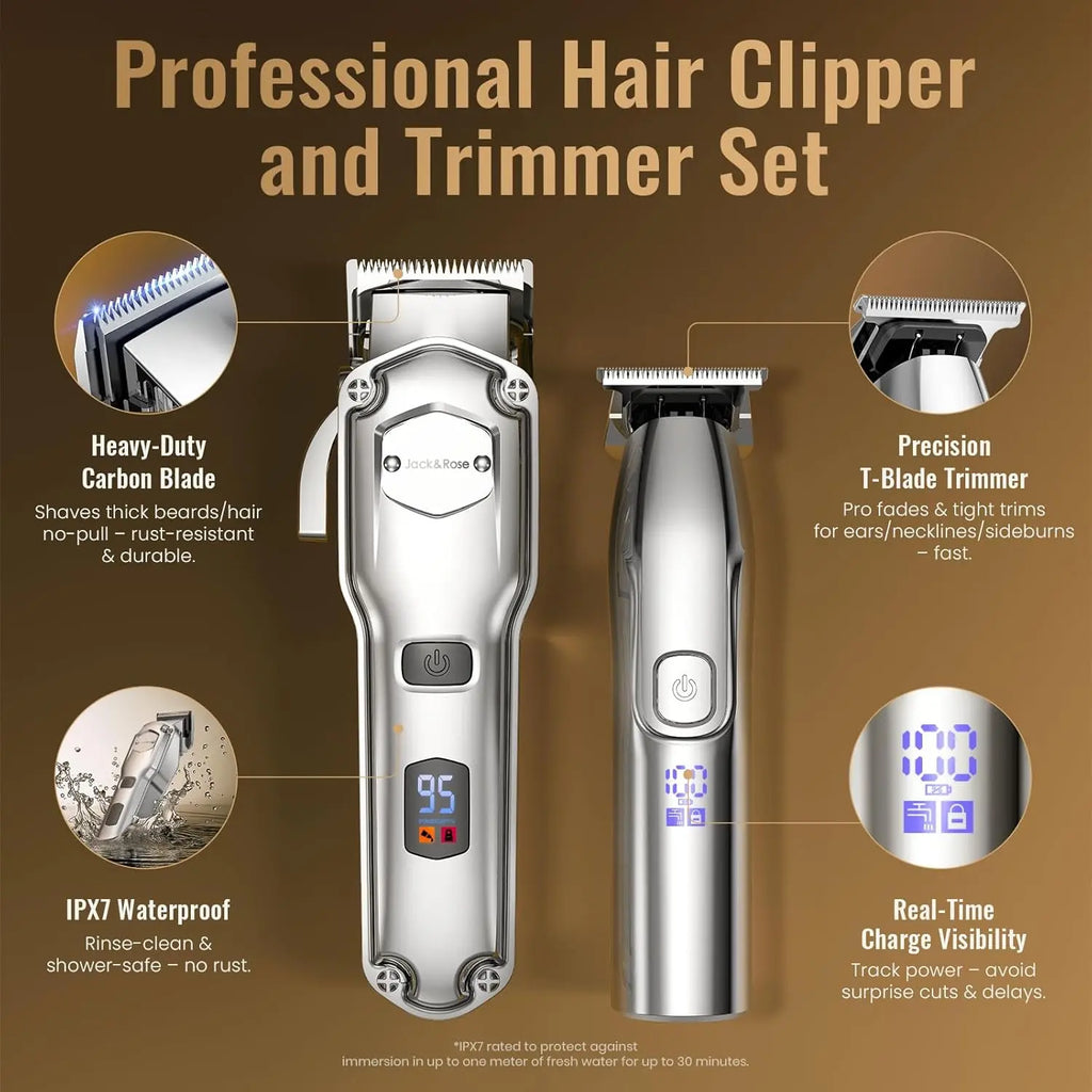 Jack & Rose Hair Clipper, Professional Hair Trimmer, Wireless & Rechargeable, IPX7 Waterproof Precision Trimmer, Beard Trimmer, Hairdresser, Razor, Care Set for Men