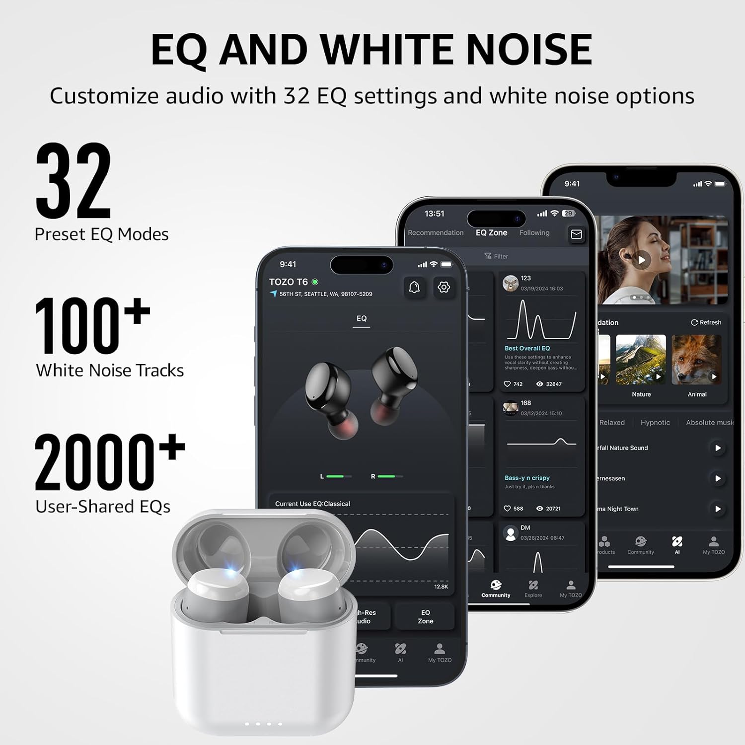 TOZO T6 Mini Wireless Bluetooth Headphones, Wireless Earbuds Erogonomic Design Sport 50H, IPX8 Wireless Bluetooth Headset EQ Personalized by App