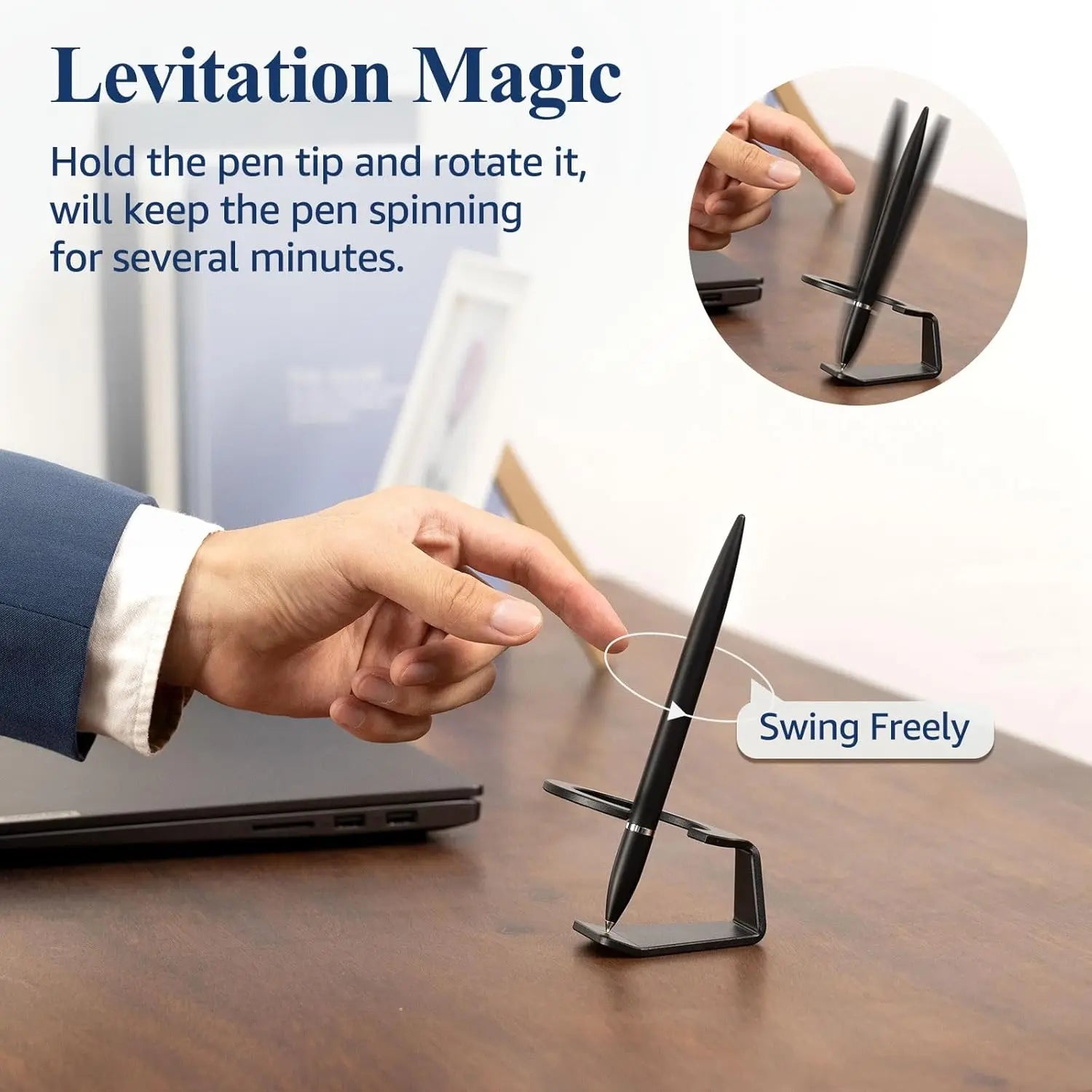 Black floating pen spinning freely in magnetic stand on wooden desk