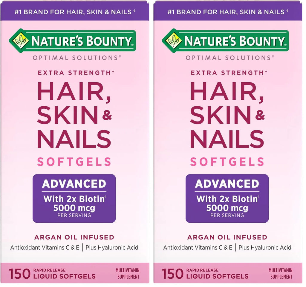 Nature's Bounty Advanced Hair, Skin & Nails, Argan-Infused Vitamin Supplement with Biotin and Hyaluronic Acid, 150 Rapid Release Softgels, 50 Total Servings