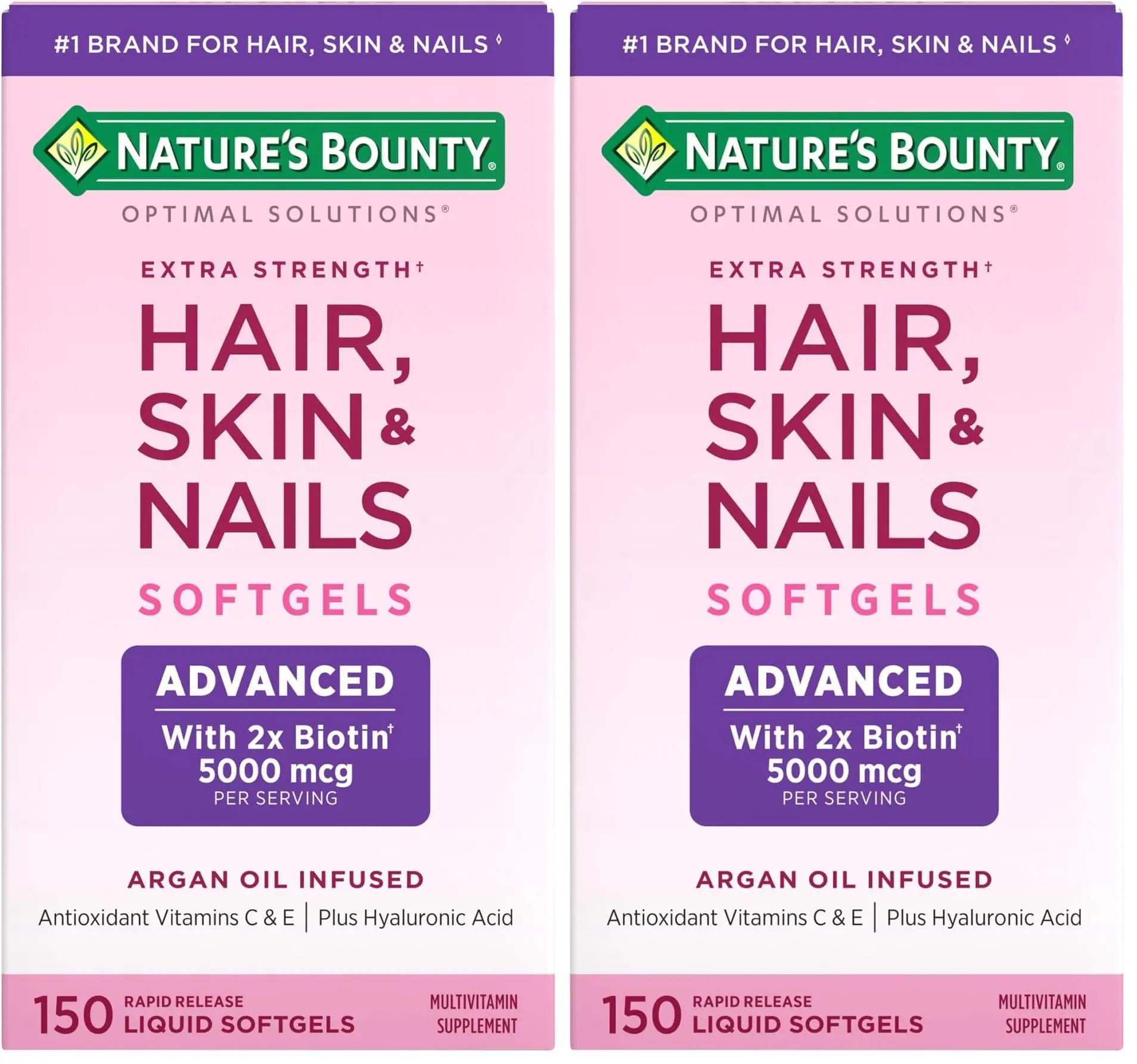 Nature's Bounty Advanced Hair, Skin & Nails, Argan-Infused Vitamin Supplement with Biotin and Hyaluronic Acid, 150 Rapid Release Softgels, 50 Total Servings