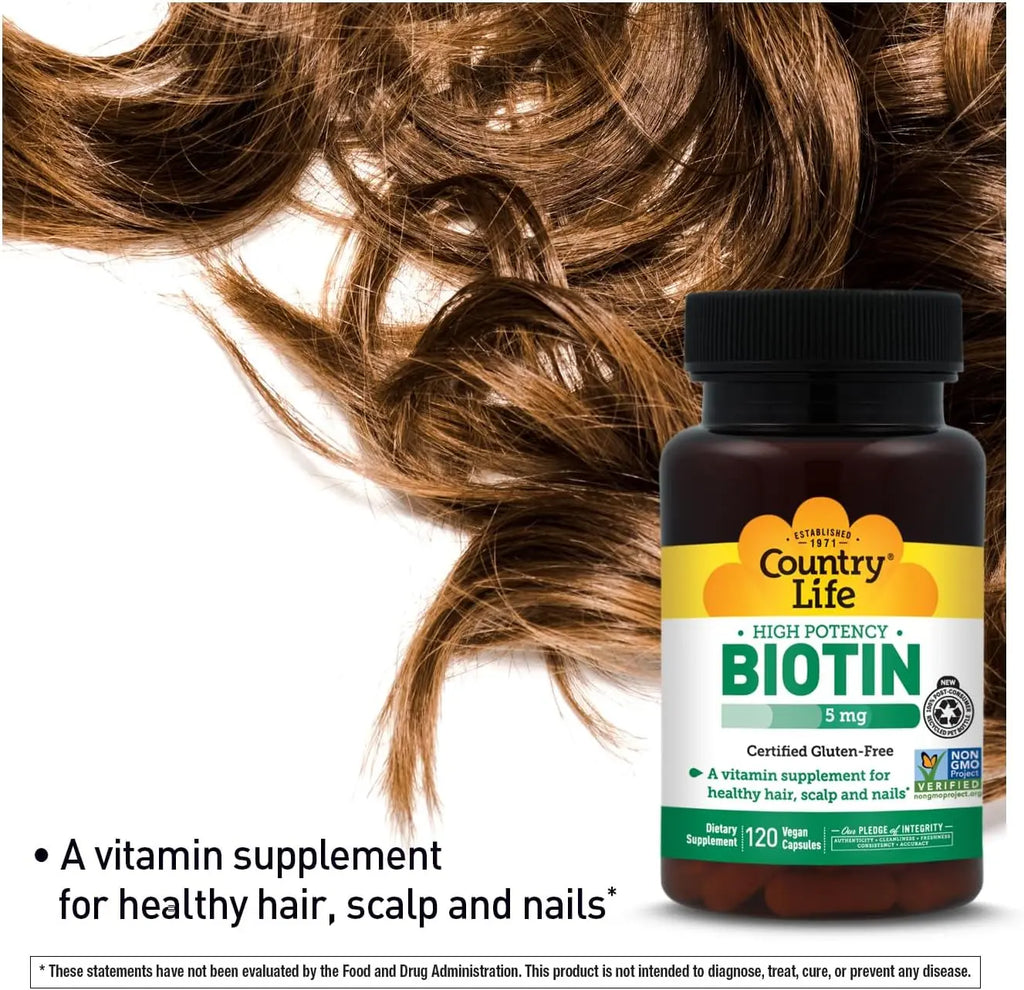 Country Life Biotin 5mg supplement bottle displayed against voluminous brown hair background