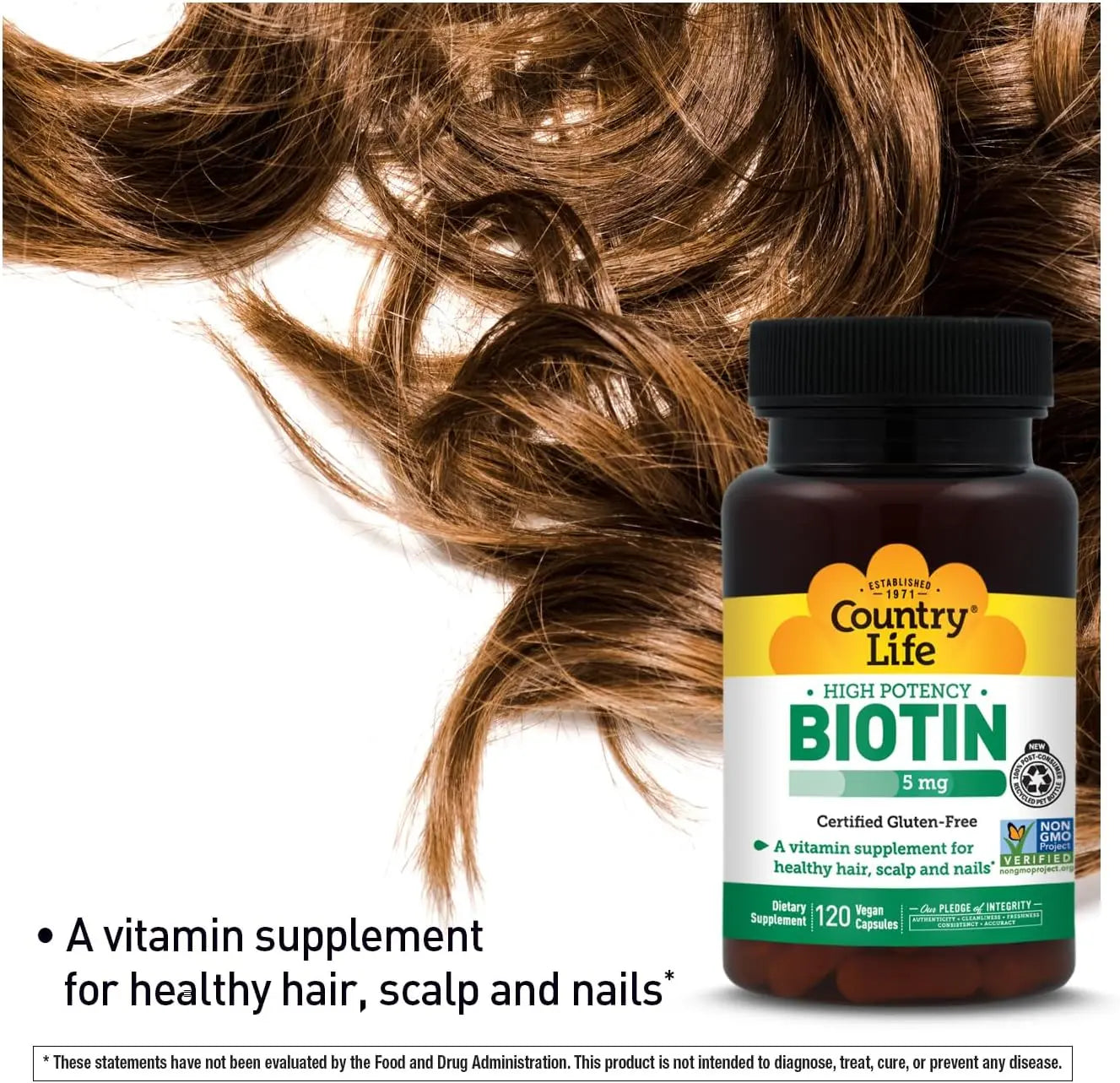 Country Life Biotin 5mg supplement bottle displayed against voluminous brown hair background