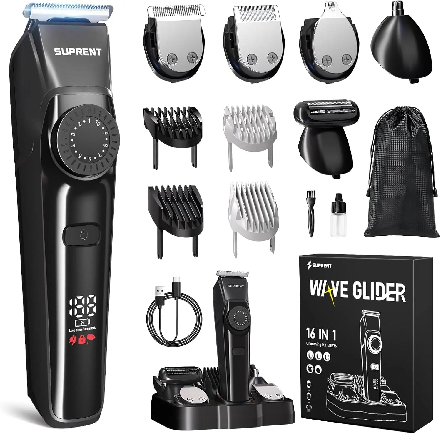 SUPRENT Beard Trimmer for Men - Waterproof Cordless Mens Grooming Kits for Beard, Face, Nose & Body, Adjustable Hair Trimmer with 40 Length Set, 3.5H Running Time