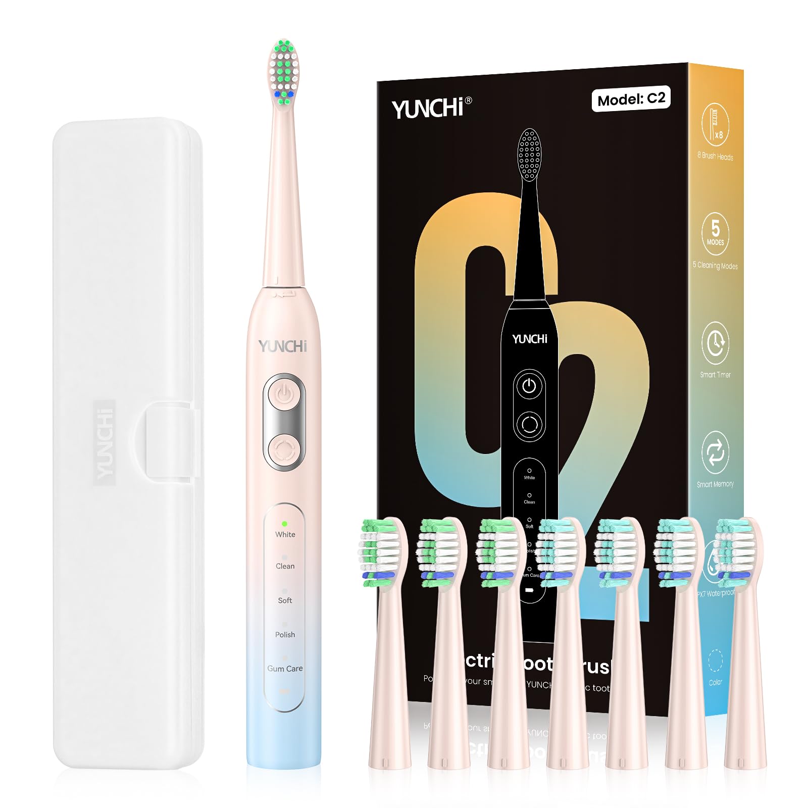 YUNCHI C2 Electric Toothbrush with 40000 VPM, Sonic Toothbrush for Adults and Children, USB-C Charge, 30 Days Battery Life, 5 Cleaning Modes, 2 Minute Timer, 8 Brush Heads, Travel Case, Light Blue and