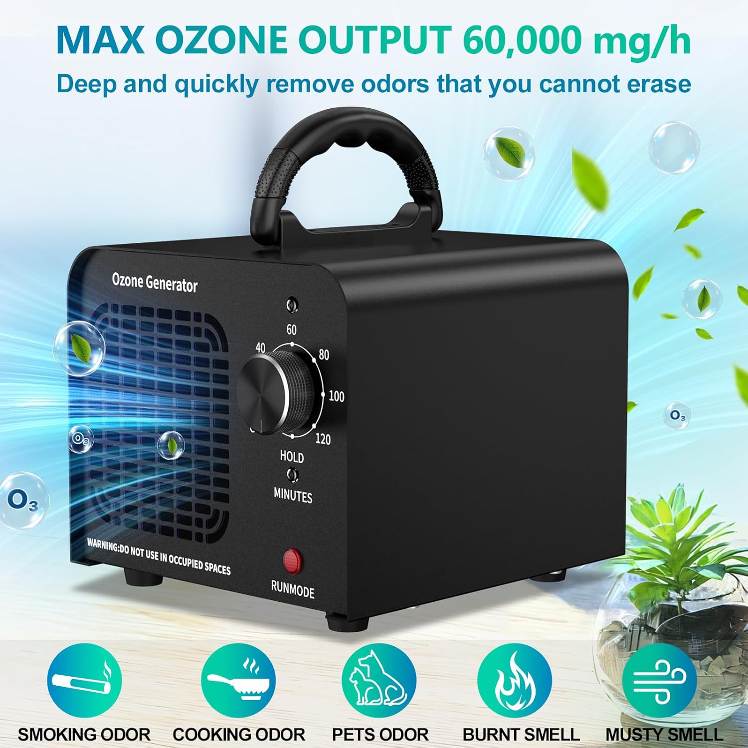 ODUOD Ozone Generator 40000mg/h, Ozone Machine Ionizer-High Capacity Ozone Odor Eliminator for Car/Home/Smoke/Pet Odor(Black)