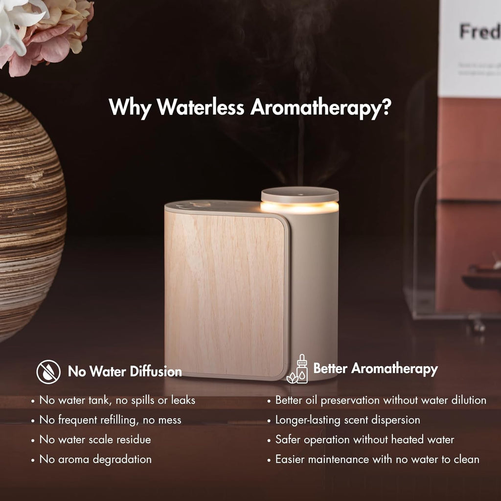 ZMARKRAFT® Waterless Essential Oil Diffuser w Solid Wood Cover 2 Timers 3 Mist Modes, Auto-Off Quiet Dual Fluid Aroma Diffuser, Portable Waterless Scent Diffuser w Lights, Room Decor Aromatherapy Gift