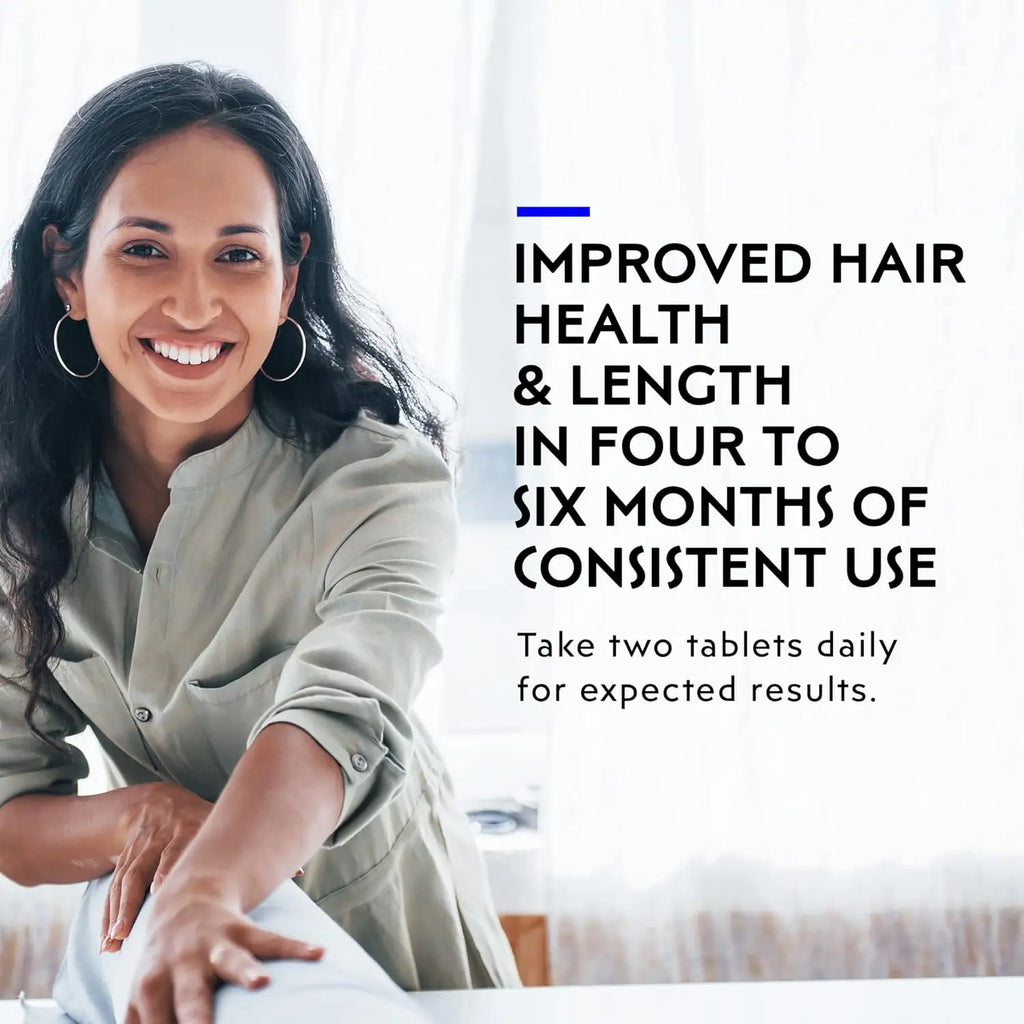 Woman showing improved hair health after using Elon R3 biotin and collagen supplements