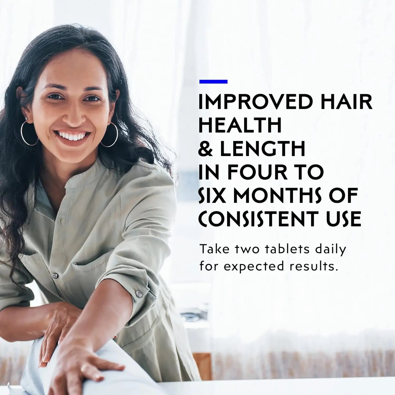 Woman showing improved hair health after using Elon R3 biotin and collagen supplements