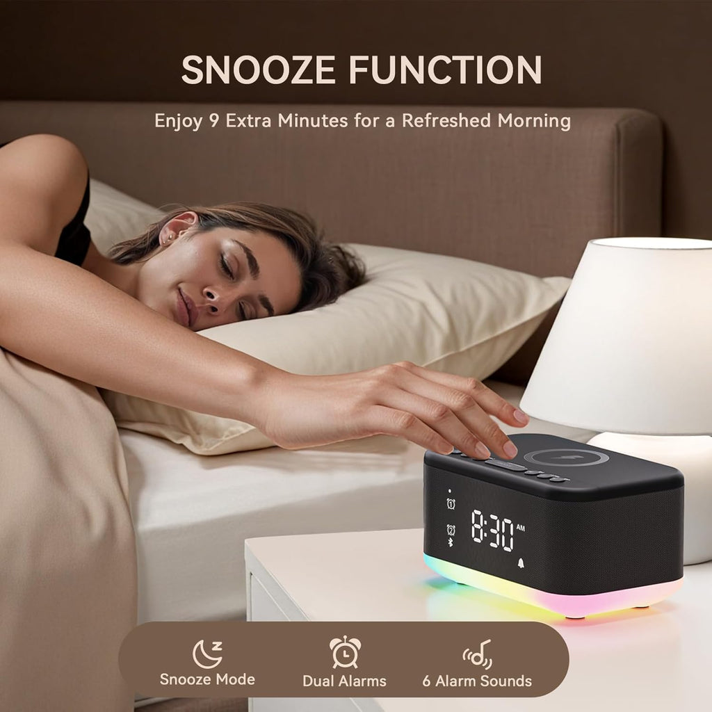 Wireless Charging Alarm Clock Bedroom, Loud Digital Alarm Clocks Bedrooms, Alarm Clock Night Light Speaker 8W Snooze Dual Alarm 12/24H Adjustable Brightness Dimmer Bluetooth, Black