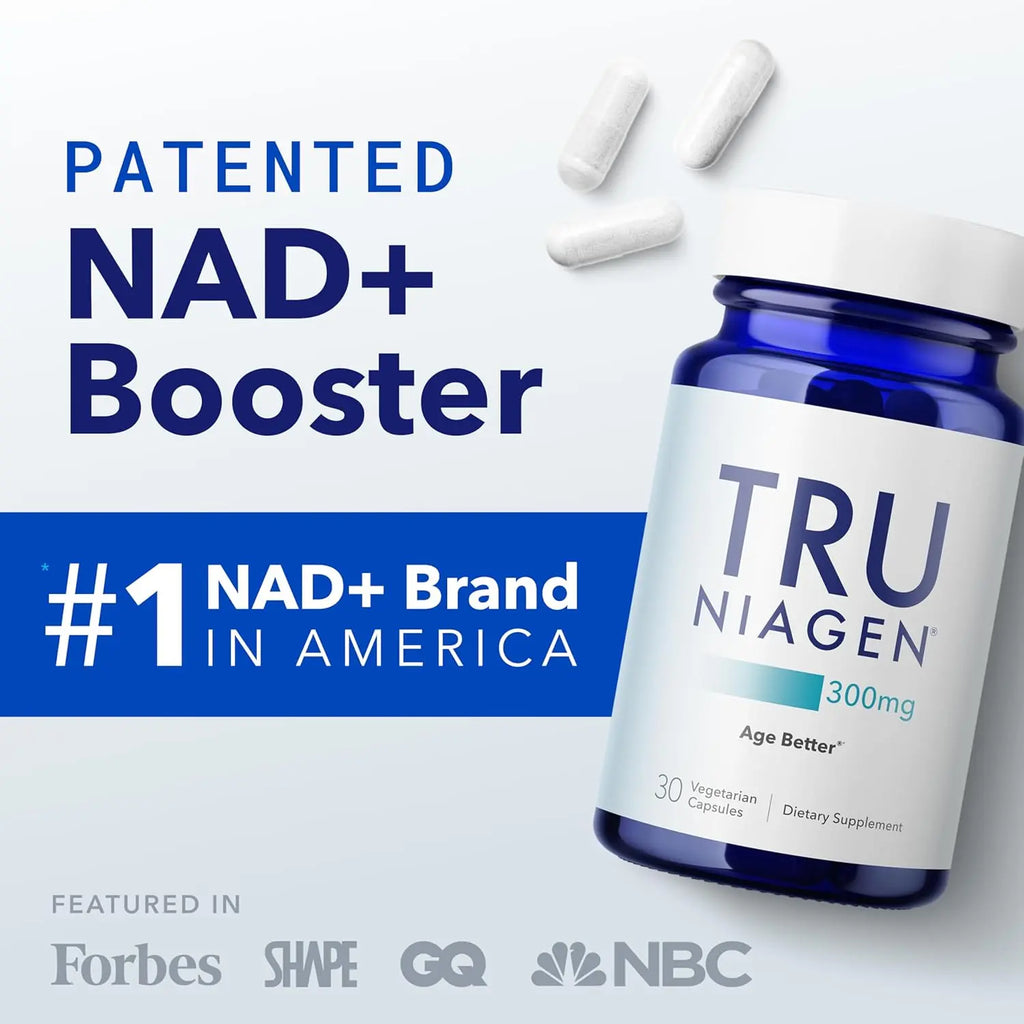 TRU NIAGEN 300mg bottle with scattered capsules and media features from Forbes GQ and NBC