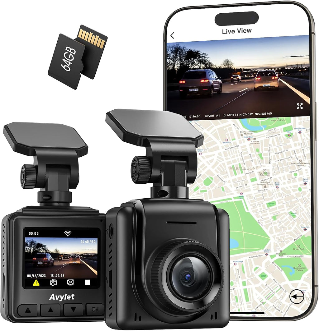 Dashcam Car WiFi 2K, Mini Front Car Camera with 64GB Map Supports External GPS Module, App, IPS Screen, Ultra Night Vision, 150° Wide Angle, WDR, 24 Hours Parking Mode and Motion Detection, G-Sensor