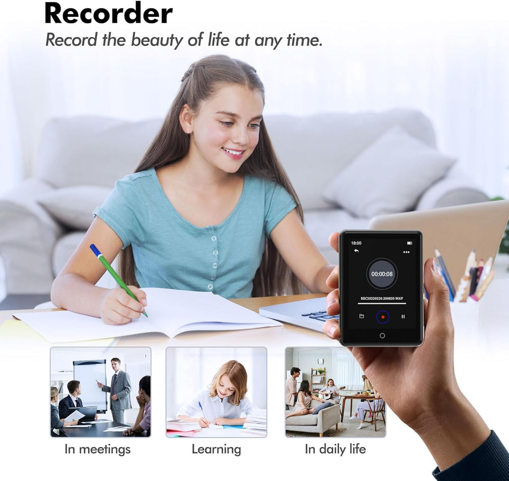 64GB Bluetooth 5.3 MP3 Player, Children's Portable Music Player 2.8 Inch Touch Screen with Voice Recorder, FM Radio, Pedometer, Folder, Random Play, Support 128GB Micro SD Card