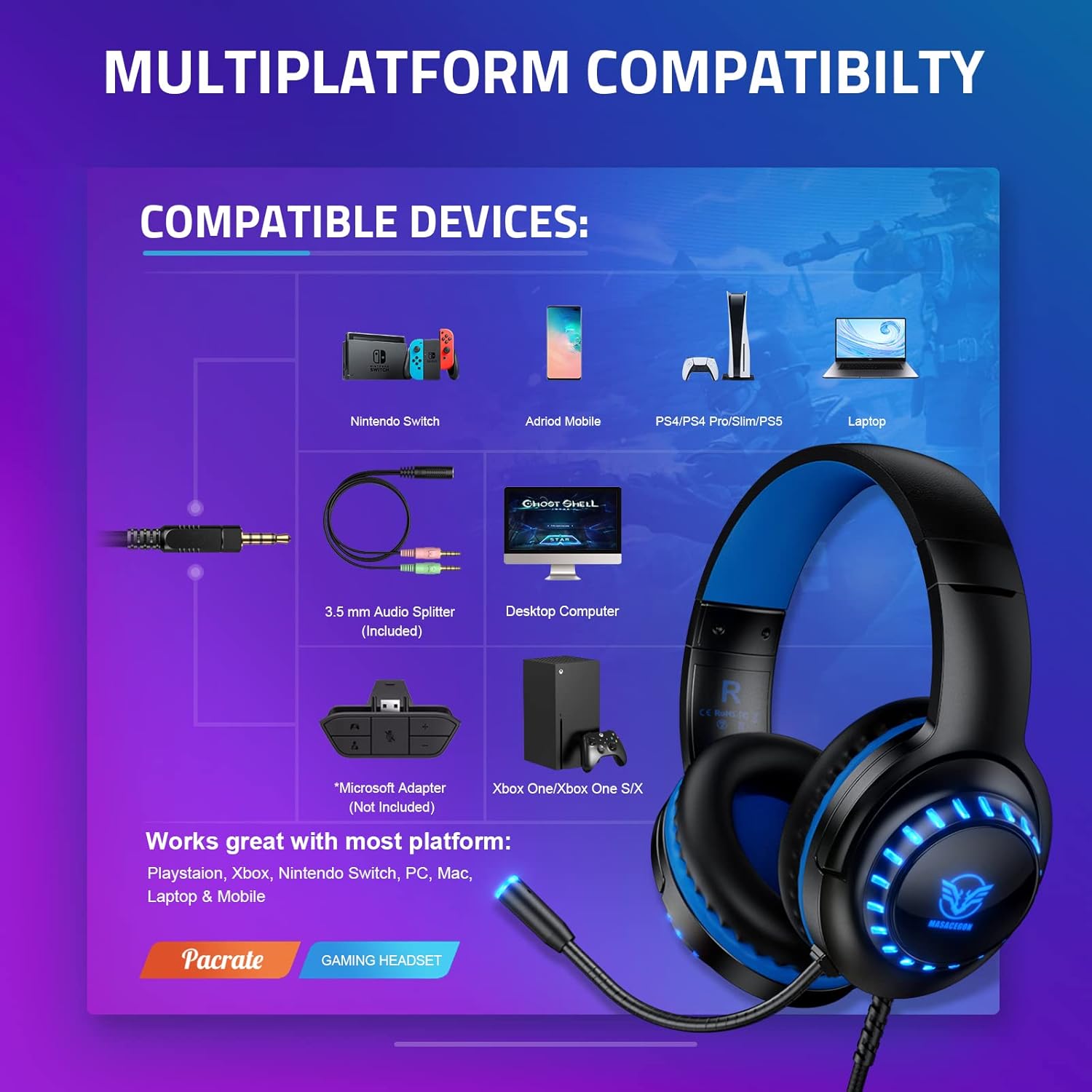 Pacrate Headset for PS4 PC Xbox One S/X Switch Controller & PC Laptop Mac, Noise Cancelling Over-Ear Headphones with Microphone, LED Light (Black, Blue)
