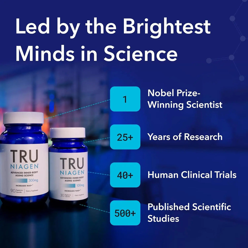 TRU NIAGEN 300mg and 100mg bottles with stats on Nobel Prize research and clinical trials