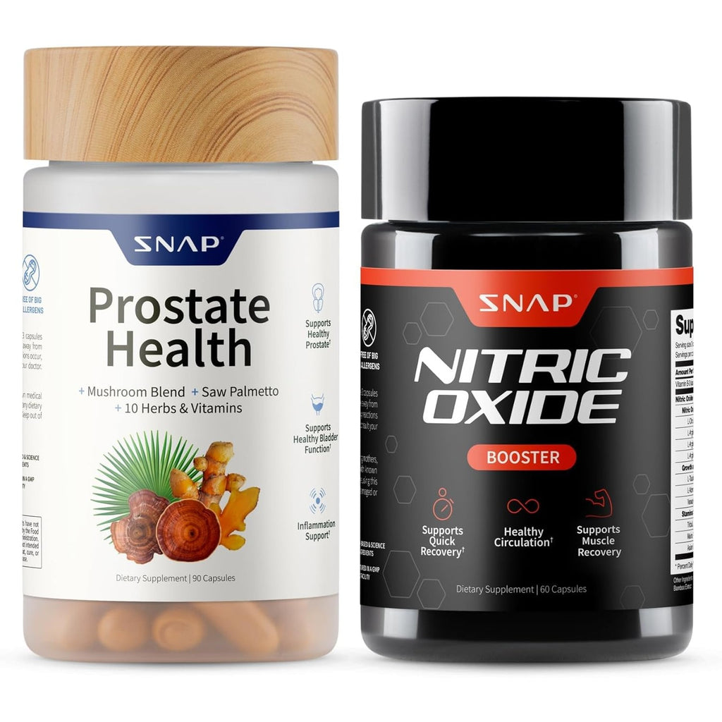 Snap Nitric Oxide Booster and Prostate Health bottles with mushroom blend and saw palmetto icons