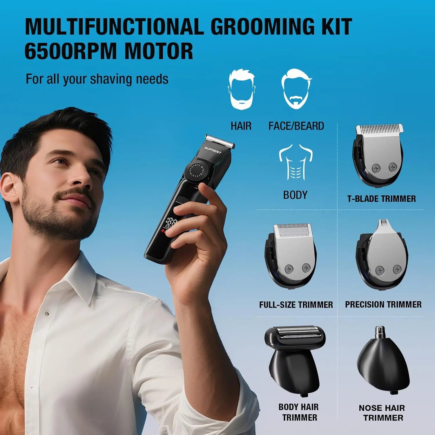 SUPRENT Beard Trimmer for Men - Waterproof Cordless Mens Grooming Kits for Beard, Face, Nose & Body, Adjustable Hair Trimmer with 40 Length Set, 3.5H Running Time
