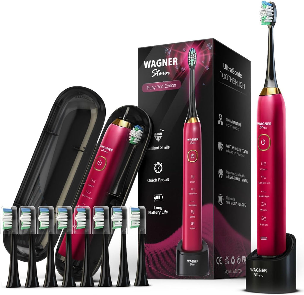 Wagner Stern The Ruby Red Edition ultrasonic whitening electric toothbrush features five brushing modes, eight soft brush heads, and a premium travel case.