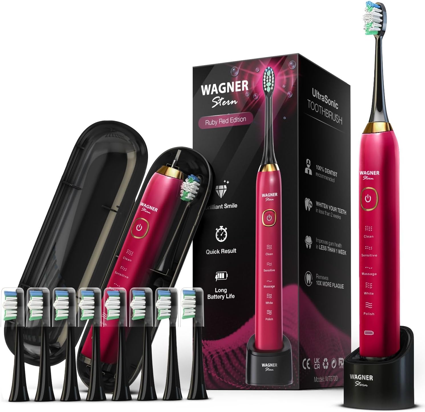 Wagner Stern The Ruby Red Edition ultrasonic whitening electric toothbrush features five brushing modes, eight soft brush heads, and a premium travel case.