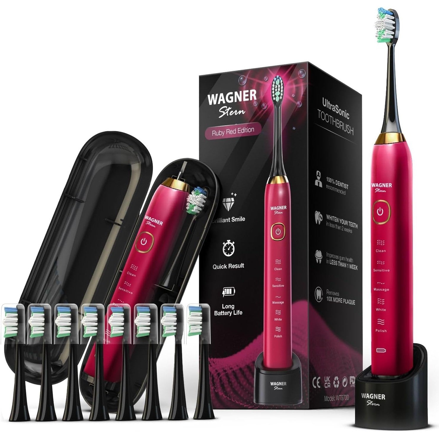 Wagner Stern The Ruby Red Edition ultrasonic whitening electric toothbrush features five brushing modes, eight soft brush heads, and a premium travel case.