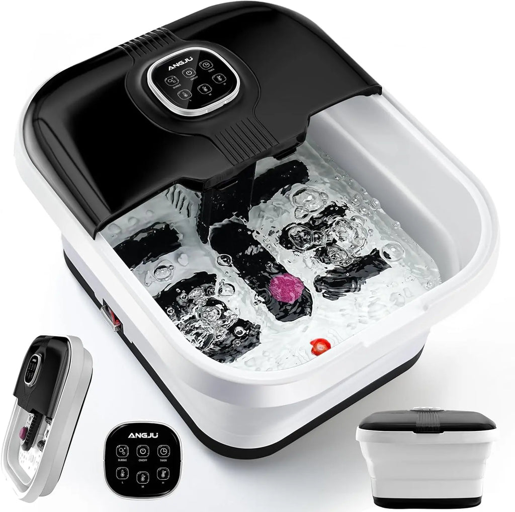 Angju Collapsible Foot Spa with Heat, Remote Temperature Control and Bubble, 6 Massage Rollers, Timer and Pumice Stone, Electric Pedicure Foot Spa Machine for Feet Stress Relief