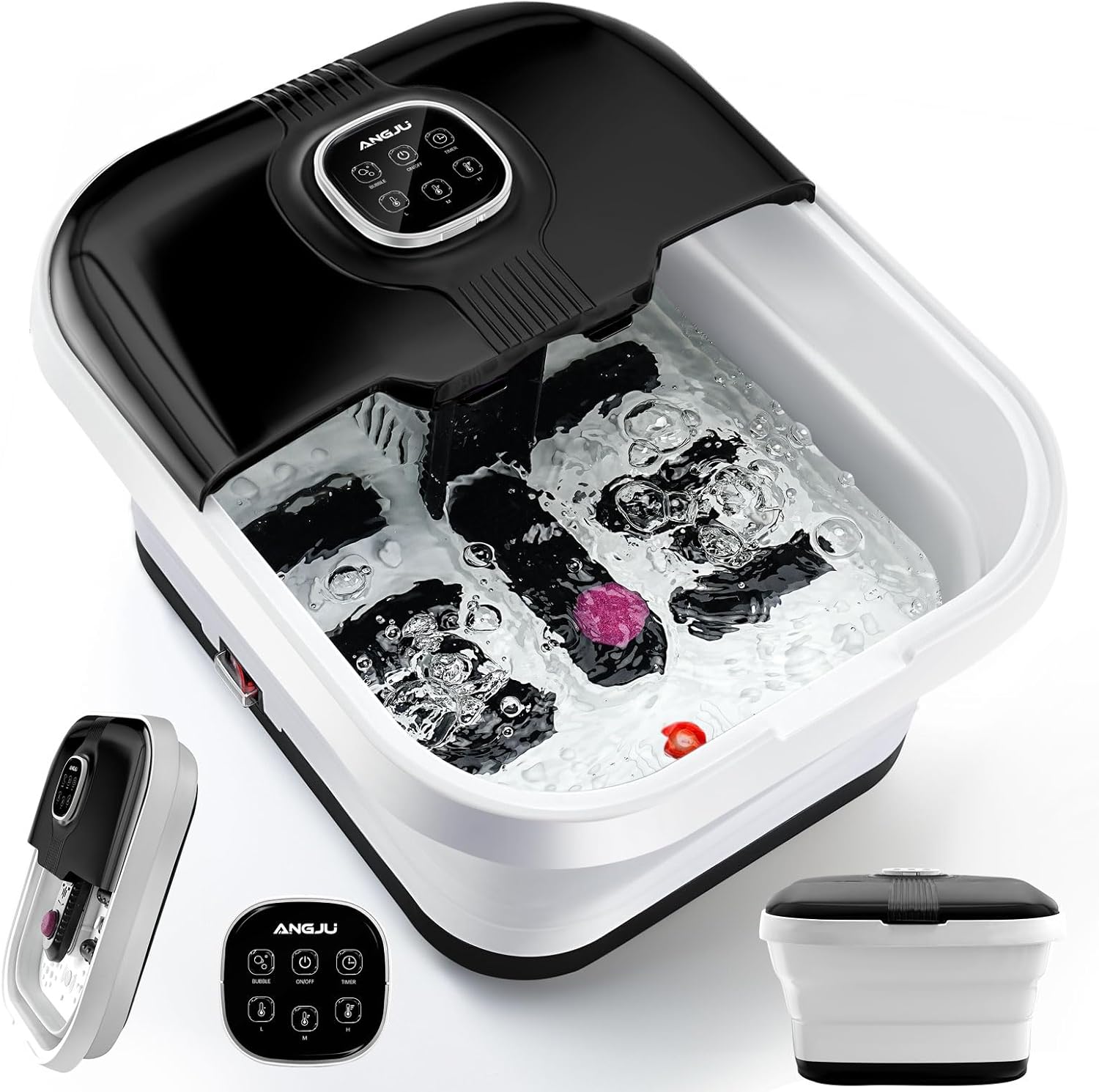 Angju Collapsible Foot Spa with Heat, Remote Temperature Control and Bubble, 6 Massage Rollers, Timer and Pumice Stone, Electric Pedicure Foot Spa Machine for Feet Stress Relief