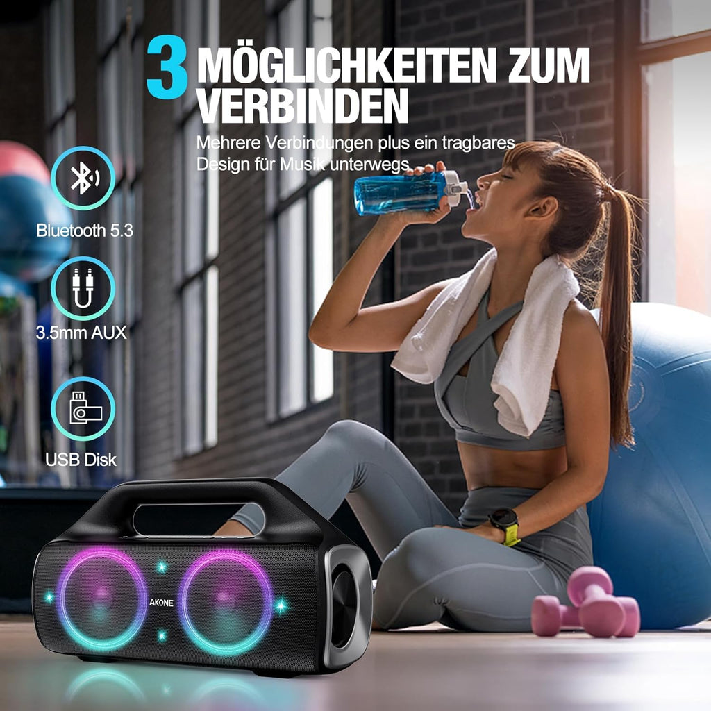 AKONE Portable Bluetooth Speaker, 80W Peak Wireless Outdoor Speaker with LED Light, Deep Bass, 20 Hour Playtime, IP67 Waterproof Bluetooth Speaker, Loud Party Speakers for Camping, Beach, Garage