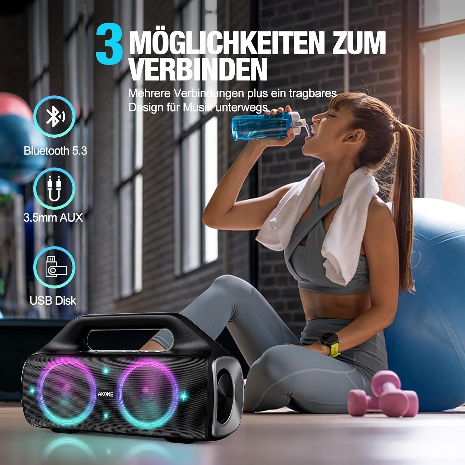 AKONE Portable Bluetooth Speaker, 80W Peak Wireless Outdoor Speaker with LED Light, Deep Bass, 20 Hour Playtime, IP67 Waterproof Bluetooth Speaker, Loud Party Speakers for Camping, Beach, Garage