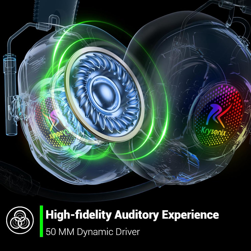 Krysenix Wireless Gaming Headset with Noise Canceling Microphone for PC, PS5, PS4, Switch, Mac, 2.4 GHz Wireless & Bluetooth 5.4 Gaming Headphones, Cool RGB Lighting, 40Hr Battery, 50mm Drivers-White