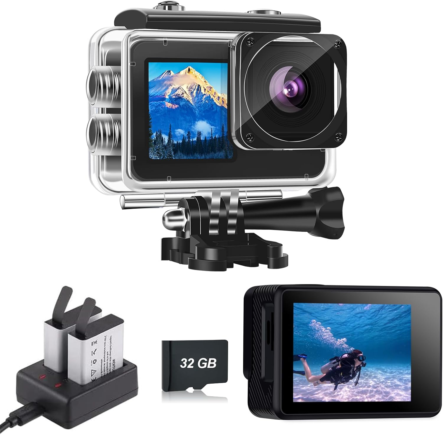 Dual Screen Action Cam 1080P 32GB Map Waterproof Camera, 4x Zoom, 131ft (40m), Waterproof Underwater Camera with 2 x 1050mAh Battery and Multifunctional Accessories
