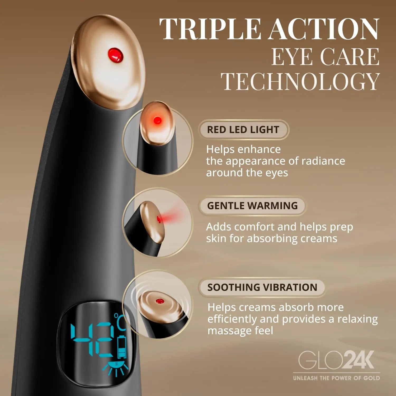 GLO24K UNLEASH THE POWER OF GOLD Eye Care Beauty Massager. For Radiant, Beautiful Skin Around Eyes.