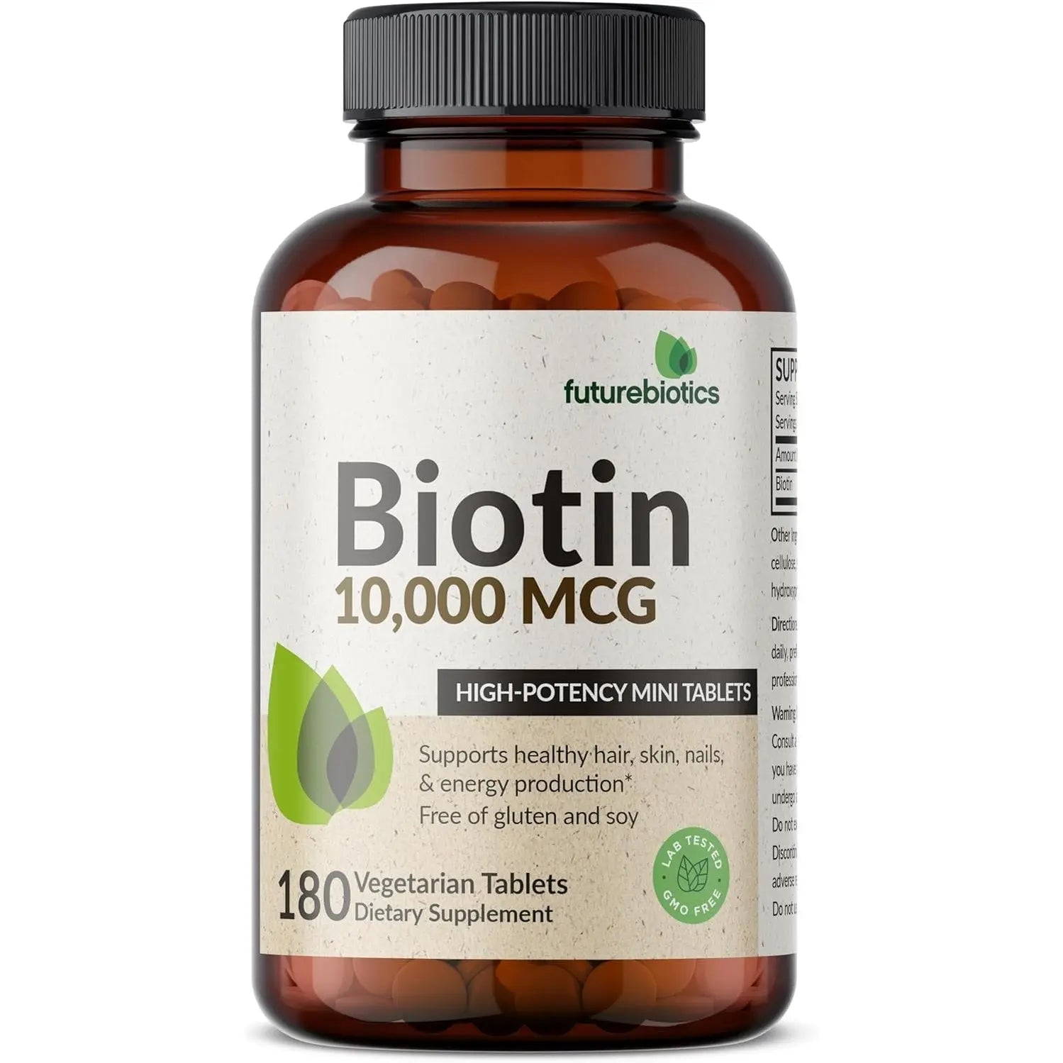 Futurebiotics Biotin 10,000 MCG mini tablets in amber bottle for hair skin nails