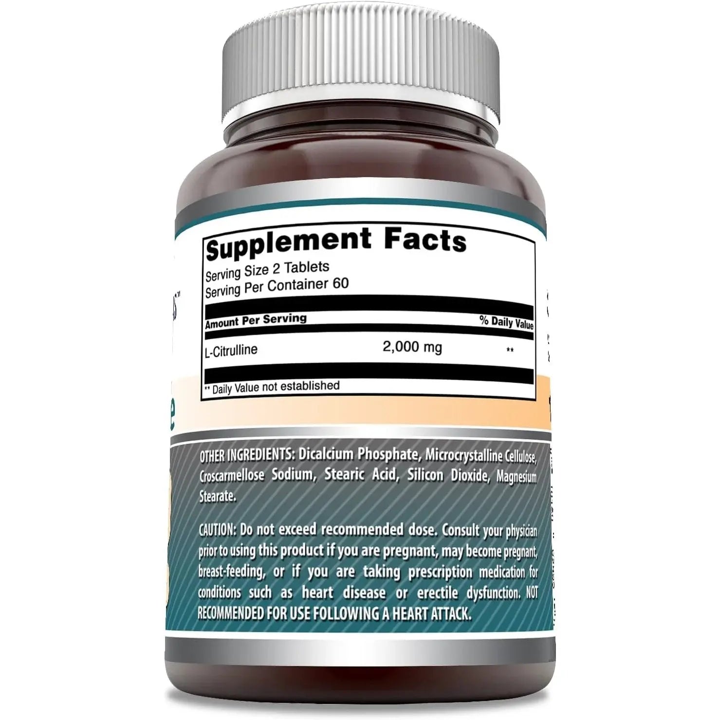 Side view of L Citrulline 2000mg supplement bottle displaying Supplement Facts panel and serving size details