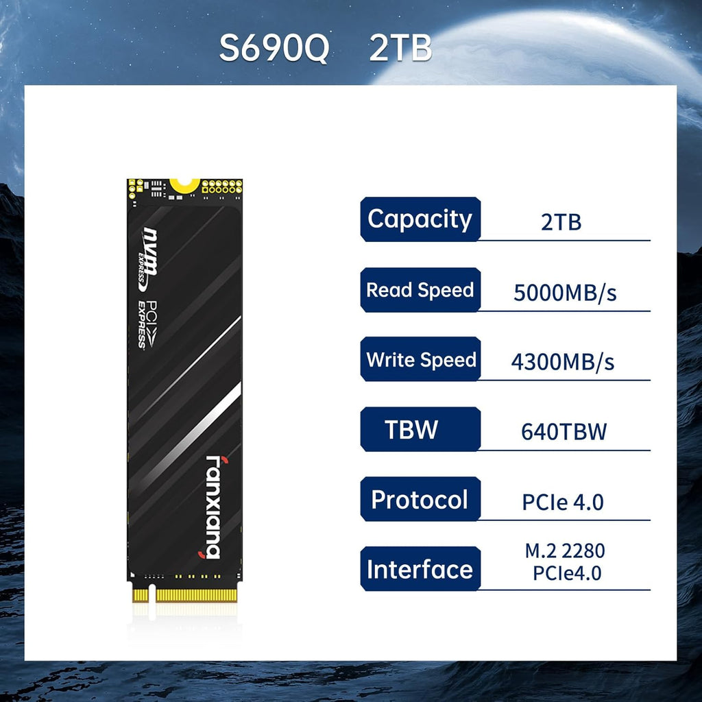 fanxiang S690Q NVMe M.2 SSD, 2TB, PCIe 4x4 Gaming Solid State Drive, 5200 MB/s Read, 4700 MB/s Write, Internal SSD, Hard Drive for Data Transfer