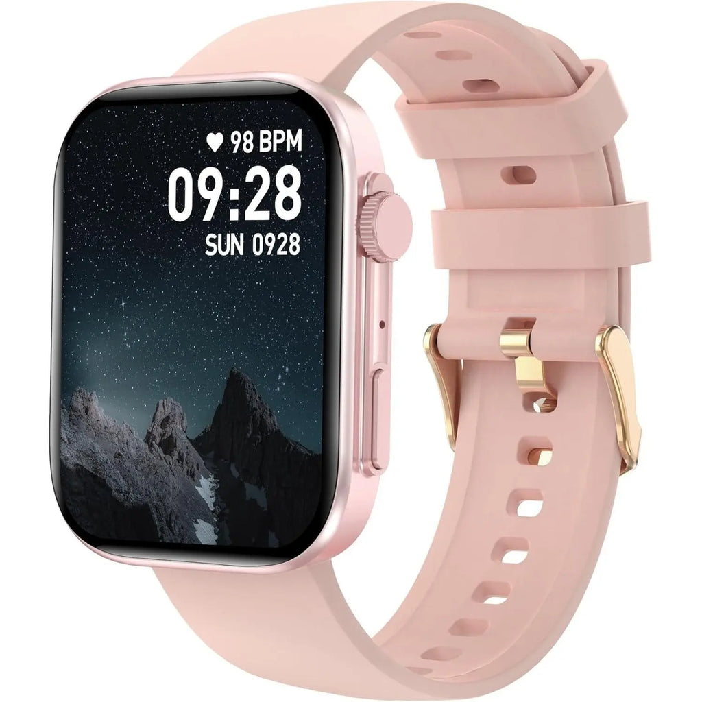 Pink rectangular smartwatch with silicone strap and mountain wallpaper